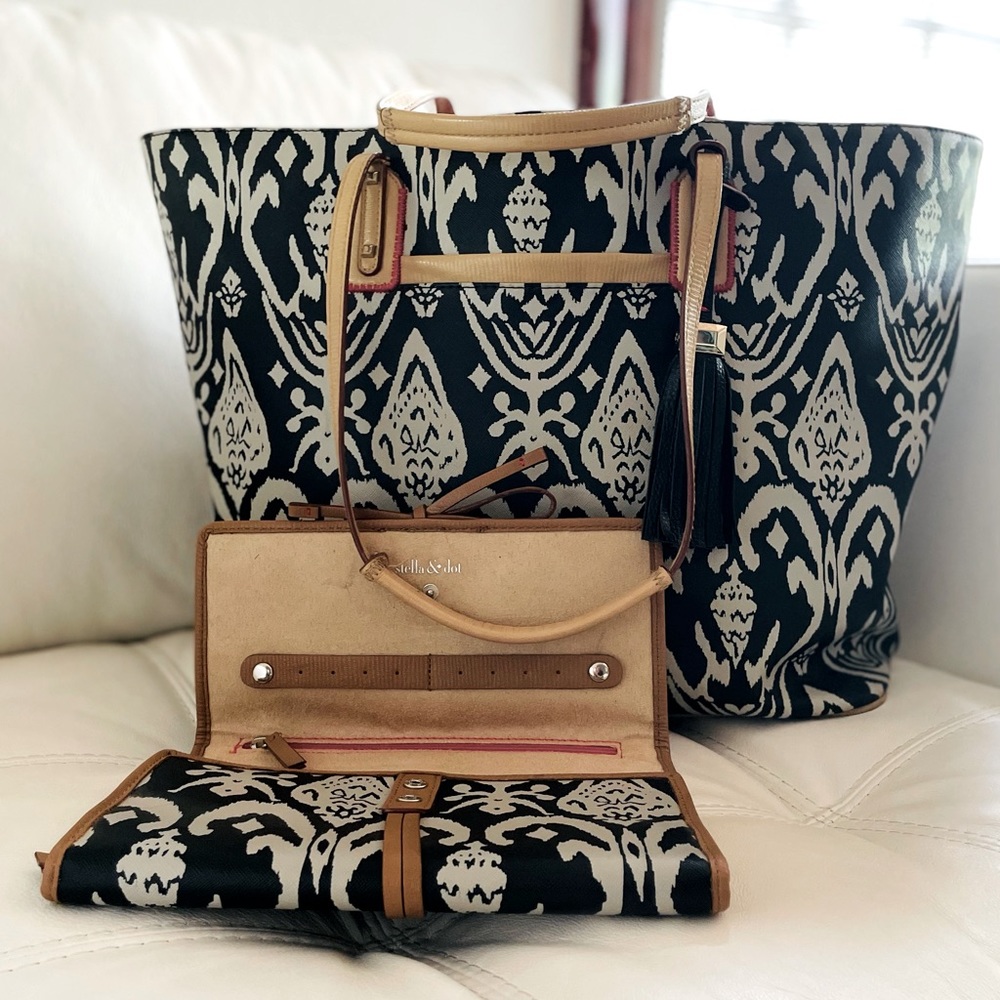Stella & Dot Black Ikat Tote and matching Jewelry Case